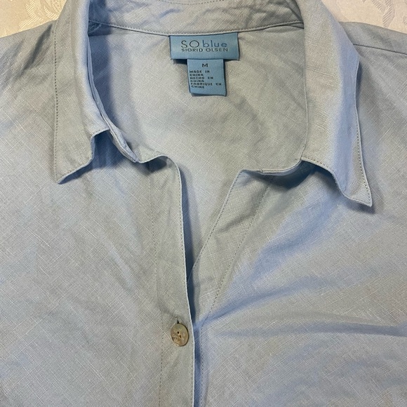 Sigrid Olsen 100% Linen Blouse Size Medium 3/4 Sleeves Collared Popover Blue - Picture 3 of 9